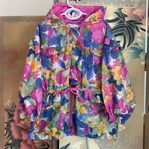 Vintage floral drawstring frilly hooded windbreaker rain jacket coat sz6